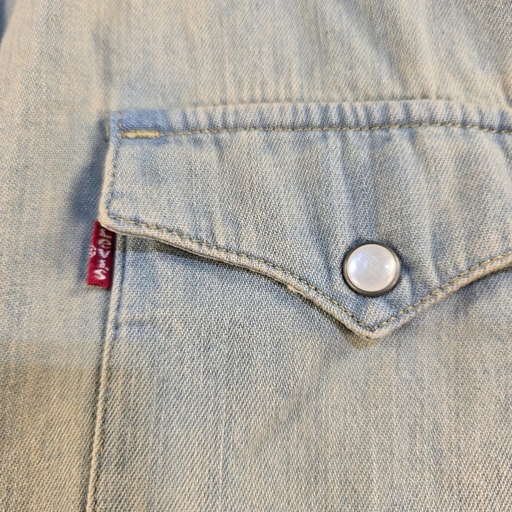 Levis Mens Western Denim Shirt Light Wash Pearl Snap Short Sleeve XL T1786